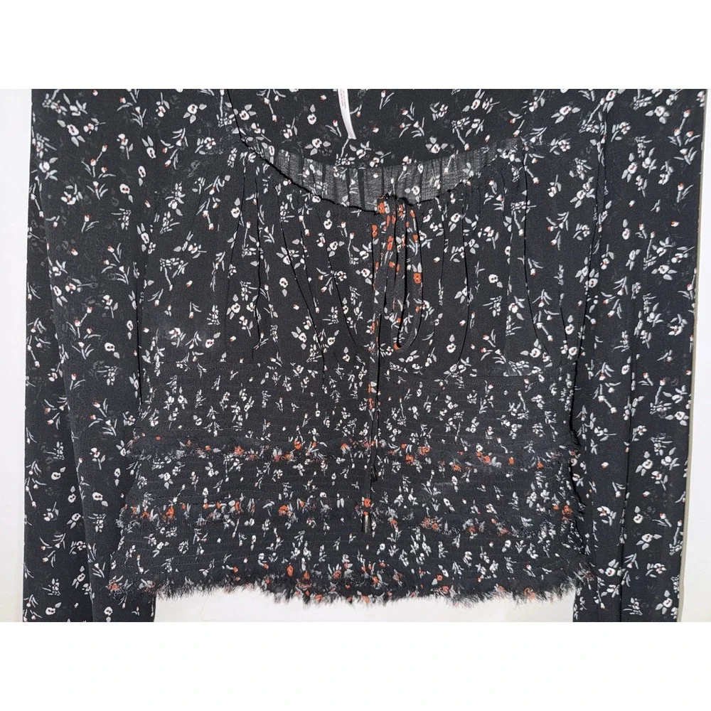 Free‎ People Lolita Floral Smocked Blouse L Black Cottage Peasant Top Semi Sheer